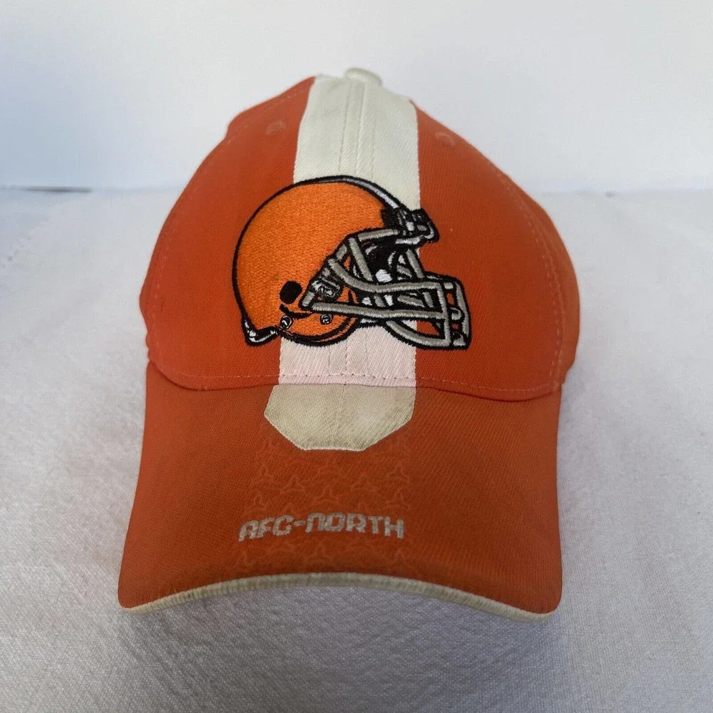 Reebok Cleveland Browns hat Cap White Stripe Orange Elastic Fit Tire Tracks